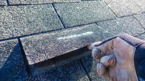 A person holding several roof shingle samples against a home's siding in natural daylight.