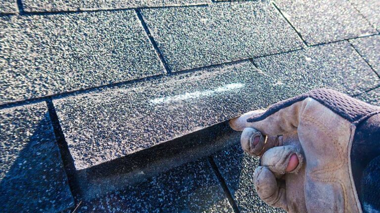 A person holding several roof shingle samples against a home's siding in natural daylight.